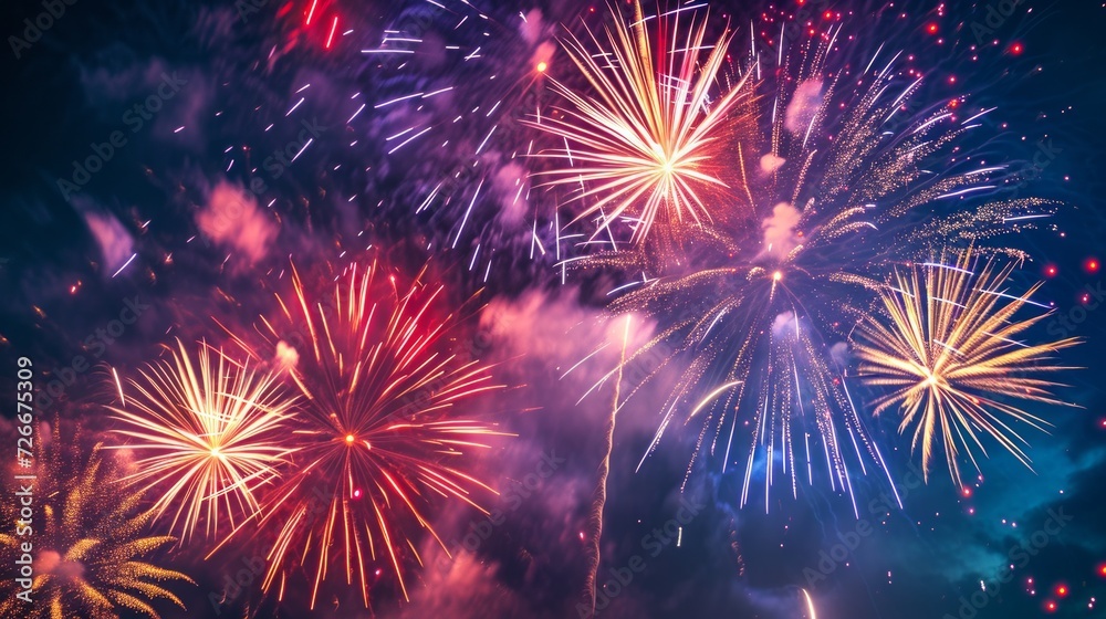 Fototapeta premium Vibrant and patriotic fireworks lighting up the night sky, celebrating the spirit of Independence Day Holiday.