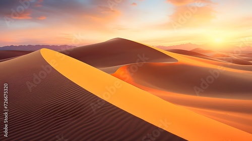 Panorama of sand dunes at sunset. Mesquite Flat Sand Dunes  Death Valley National Park  California  USA