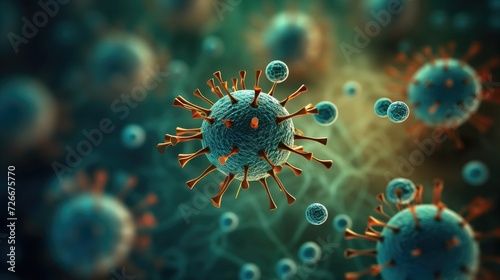 A futuristic virus with a high magnification effect. Research at the nanoscale. Microcosm. Illustration for cover, interior design, banner, poster, brochure, advertising, marketing or presentation. © Login