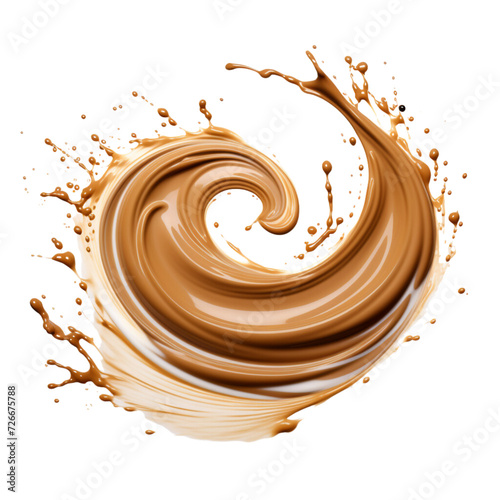 A mesmerizing milk brown coffee liquid swirl splash with little bubbles and falling coffee beans on transparent background Png. Generated Ai