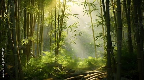 Panorama of a bamboo forest in the morning with sunbeams