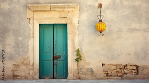 A dilapidated building wall with a lantern on it and a wooden door require major repairs. The facade of the house with damaged plaster. Photophone for retro photography. Illustration for varied design