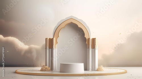3d illustration of elegant white cylindrical Islamic podium with mosque, clouds, leaf shadows, and gold for ramadan, eid al-adha, and eid al-Fitr. generative ai