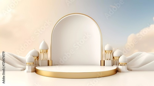 3d illustration of elegant white cylindrical Islamic podium with mosque, clouds, leaf shadows, and gold for ramadan, eid al-adha, and eid al-Fitr. generative ai photo