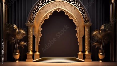 3d illustration stand booth backdrop photo installation Islamic decoration art Muslim ornaments with empty space company logo for exhibition events. generative ai photo