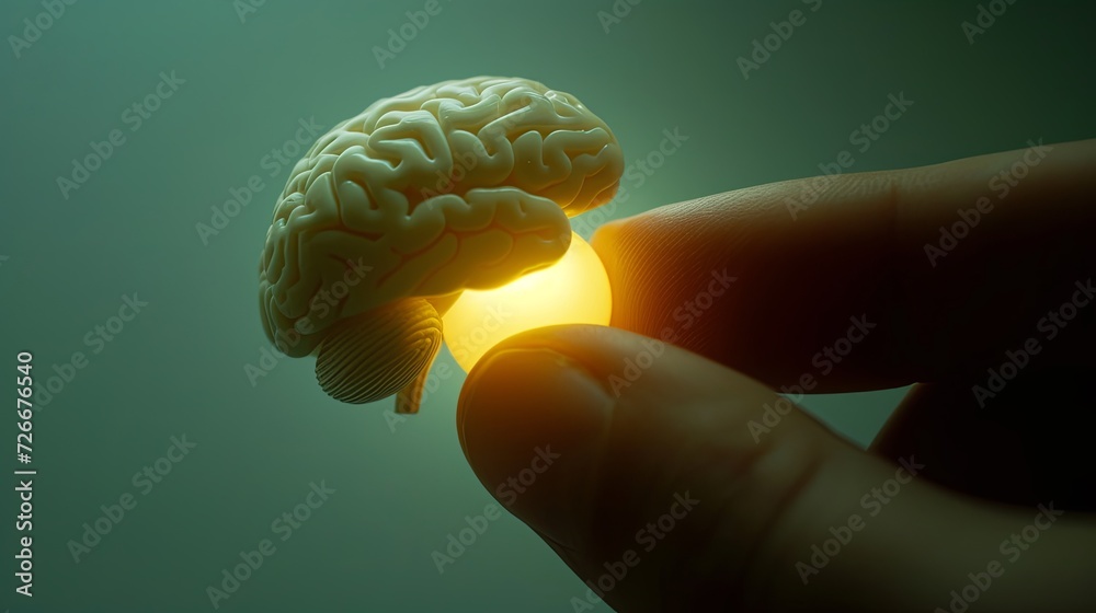 Human fingers hold a small model of a human brain that glows. Concept