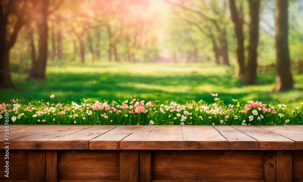 wooden table on the background of the garden. Selective focus. wooden table on the background of the garden. Selective focus.