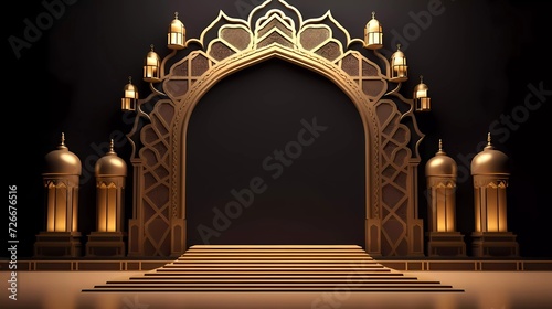 3d illustration stand booth backdrop photo installation Islamic decoration art Muslim ornaments with empty space company logo for exhibition events. generative ai