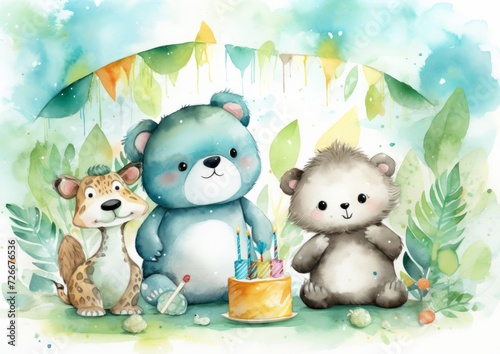 Children's cute animals celebrate their birthday. Lion, mouse, tiger and fat cartoon characters