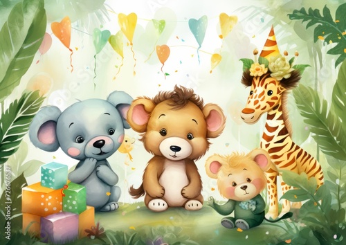 Children's cute animals celebrate their birthday. Lion, mouse, tiger and fat cartoon characters