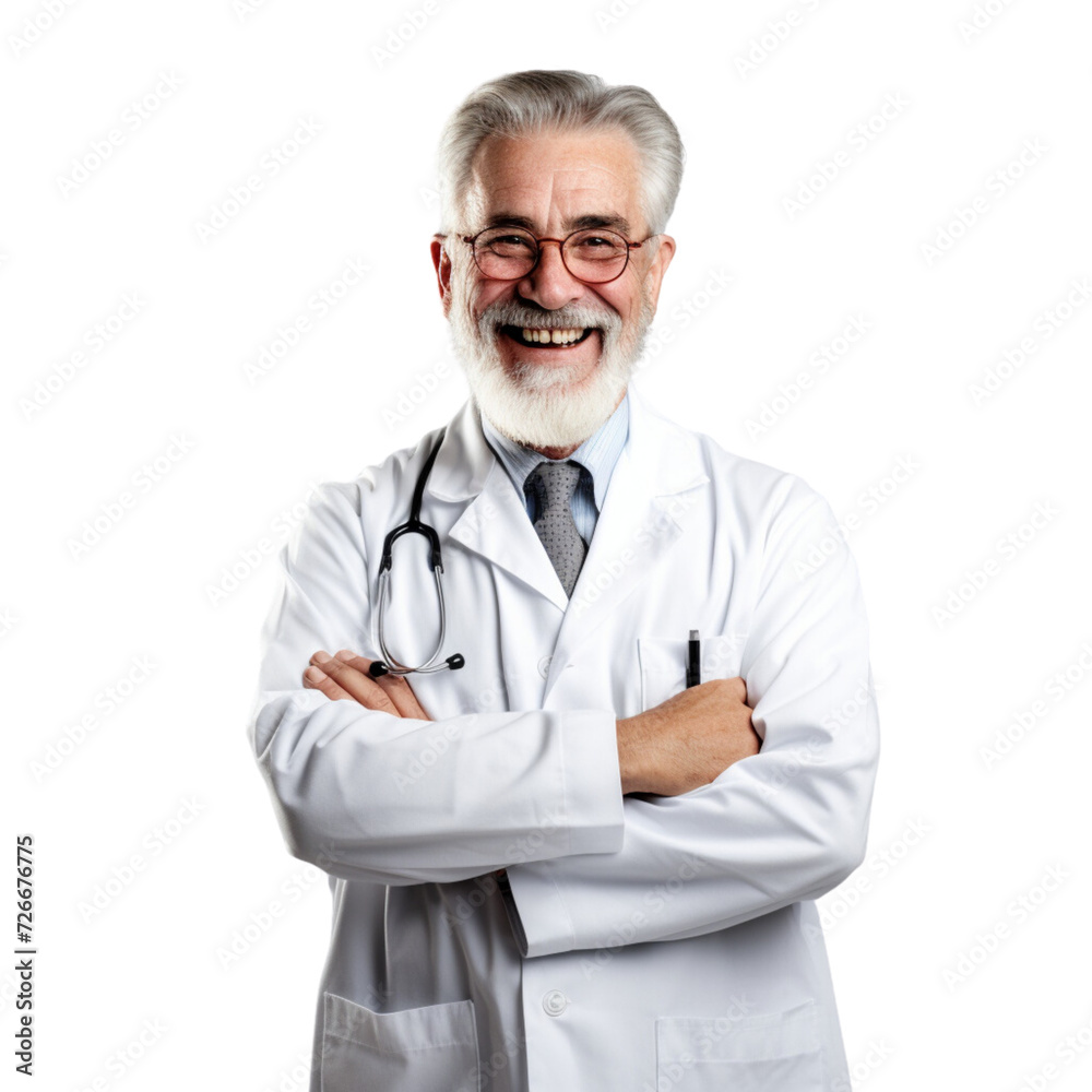 A joyful mature doctor in a lab coat posing for the camera, capturing the essence of healthcare and medicine on transparent background Png. Generated Ai A joyful mature doctor in a lab coat posing for the camera, capturing the essence of healthcare and medicine on transparent background Png. Generated Ai