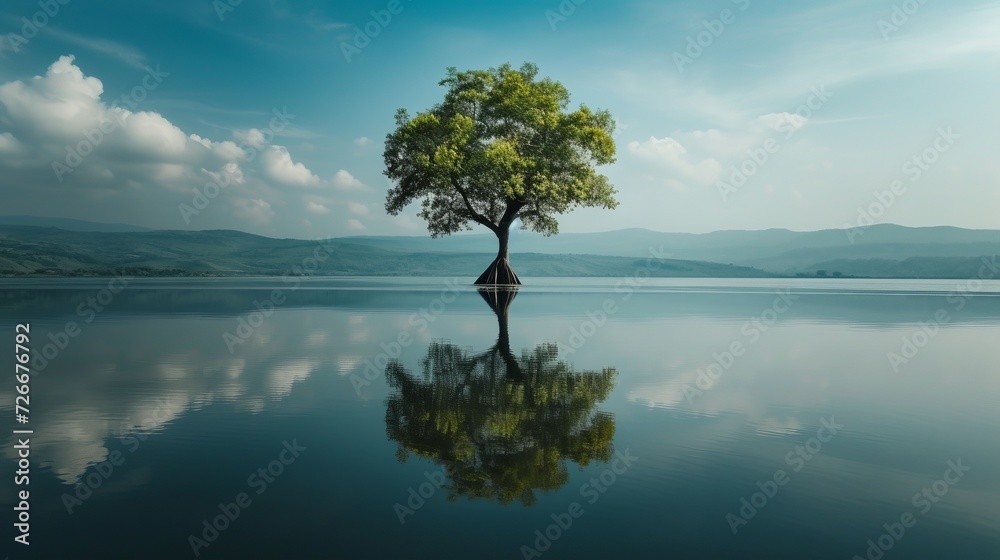 A tree alone standing middle of a lake