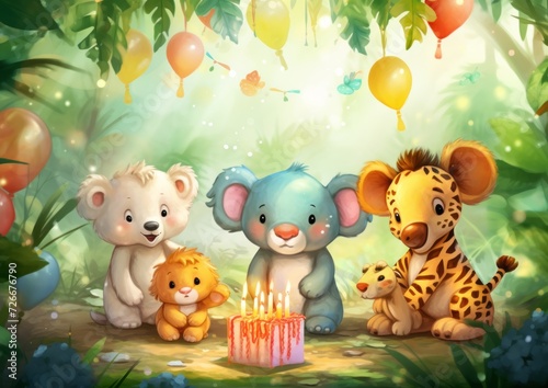 Children s cute animals celebrate their birthday. Lion  mouse  tiger and fat cartoon characters