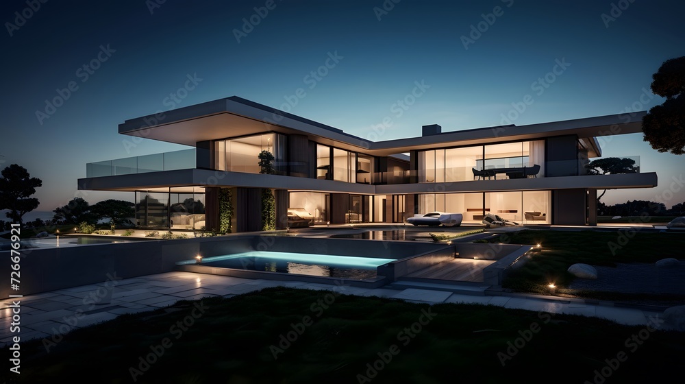 Sunset view of a modern villa with pool and swimming pool
