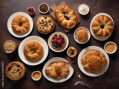 Free photo top view meals tasty yummy different pastries and dishes on the brown surface