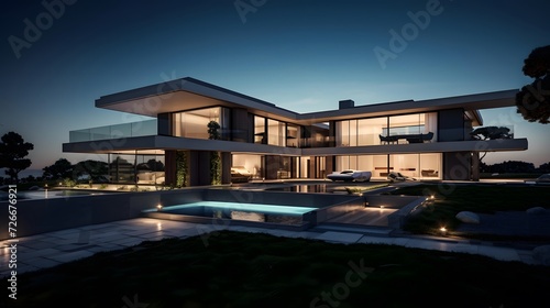 Sunset view of a modern villa with pool and swimming pool