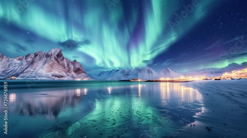 Aurora borealis over the sea, snowy mountains and city lights at night. Northern lights in Lofoten islands, Norway. Starry sky with polar lights. Winter landscape with aurora, reflection, sandy beach