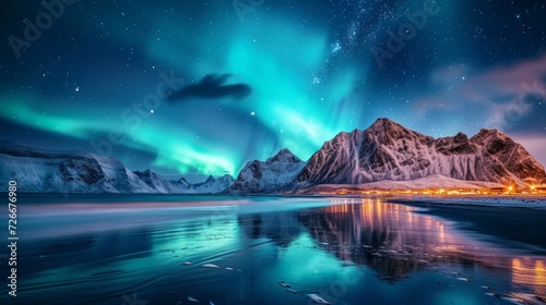Aurora borealis over the sea, snowy mountains and city lights at night. Northern lights in Lofoten islands, Norway. Starry sky with polar lights. Winter landscape with aurora, reflection, sandy beach © Emil