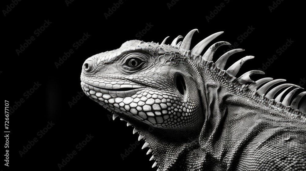 Fototapeta premium Realistic portrait of an iguana. Close-up of a large herbivorous lizard in monochrome style. Illustration for cover, card, postcard, interior design, banner, poster, brochure or presentation.