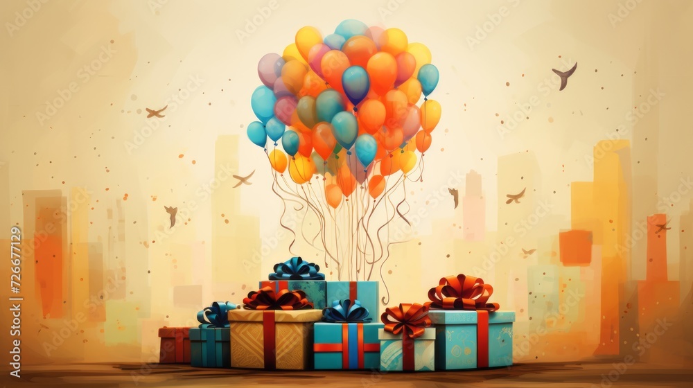 Gift boxes with balloons. Birthday gift