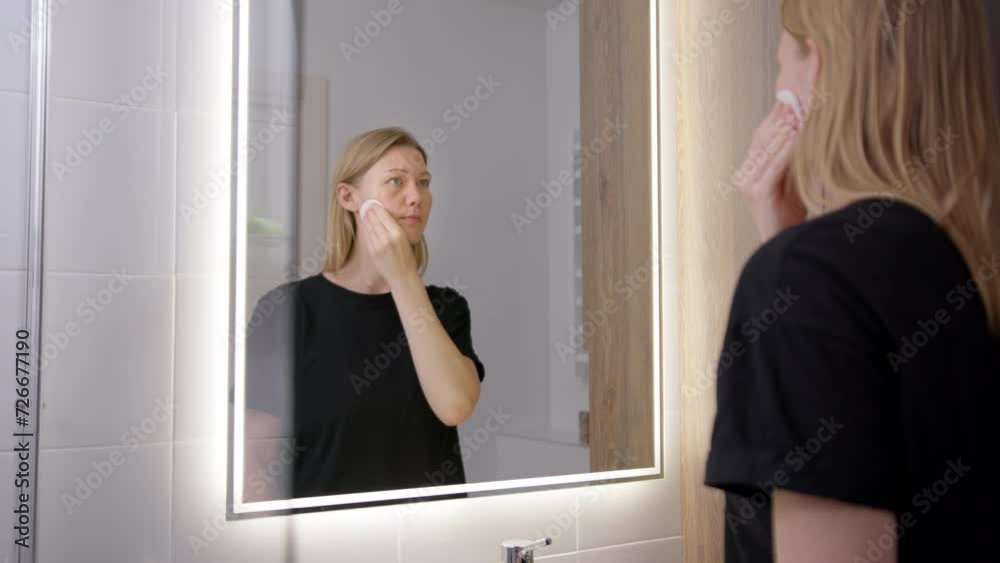 blonde woman in black T-shirt is cleaning her face with sponge in bathroom. She washes off her makeup before bed or applies anti-aging cream for skin restoration. blonde woman in black T-shirt is cleaning her face with sponge in bathroom. She washes off her makeup before bed or applies anti-aging cream for skin restoration.