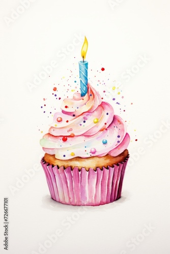 Festive cupcake with soft pink cream and a candle in a watercolor style on a white isolated background
