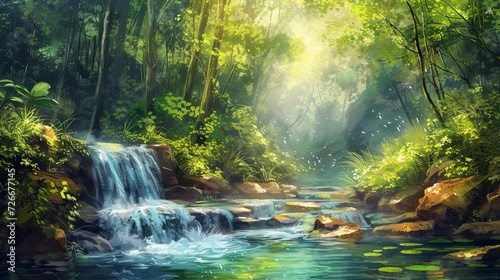 Beautiful stream painting in tropical forest - beautiful natural landscape in the forest