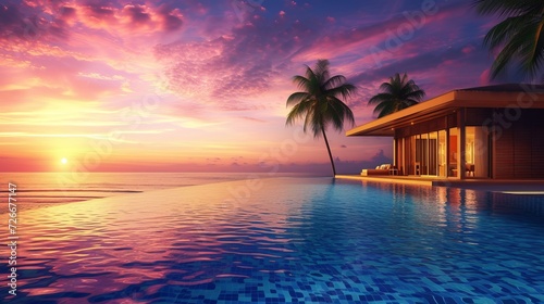 Luxury beach resort  bungalow near endless pool over sea sunset  evening on tropical island  summer vacation concept
