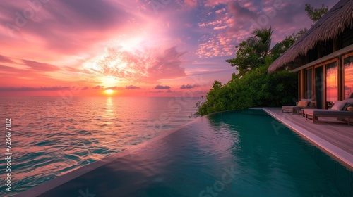 Luxury beach resort, bungalow near endless pool over sea sunset, evening on tropical island, summer vacation concept © Emil