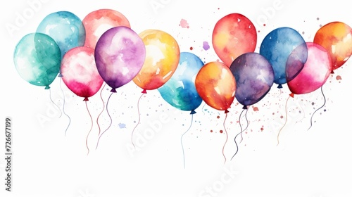 White isolated background with colorful balloons in watercolor style. Happy birthday greeting card and wallpaper. banner