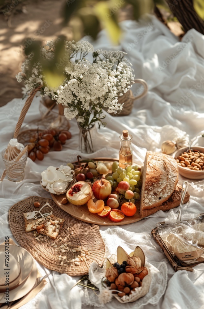 An intimate picnic setup under the shade, featuring a white blanket, a basket of fresh fruits, cheese, bread, and a vase of baby's breath.