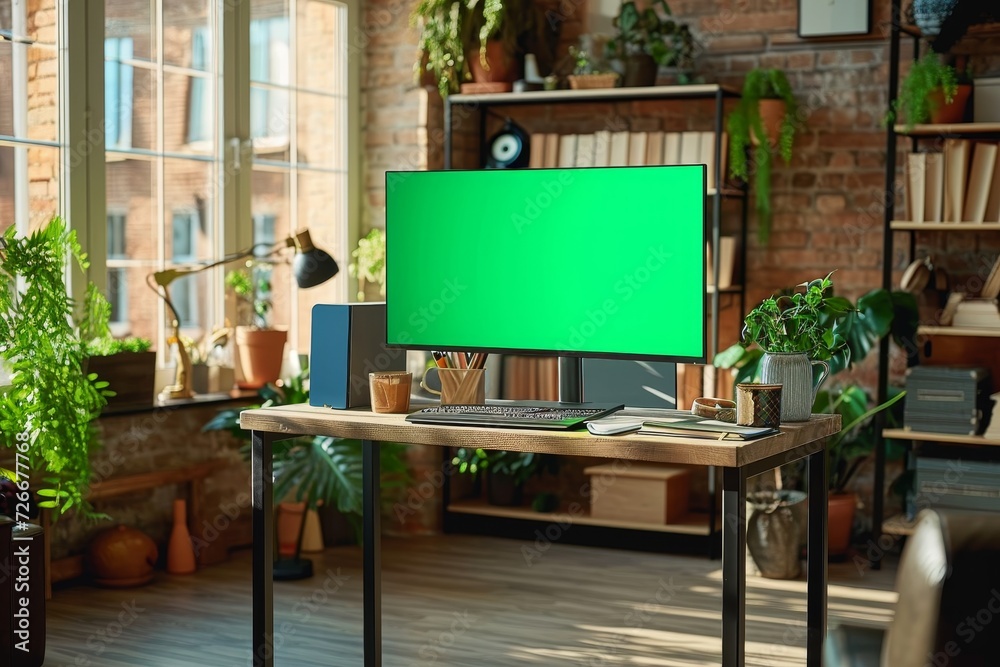 A sleek computer screen illuminates the cozy room, nestled among the furniture and houseplants on the coffee table by the window A sleek computer screen illuminates the cozy room, nestled among the furniture and houseplants on the coffee table by the window