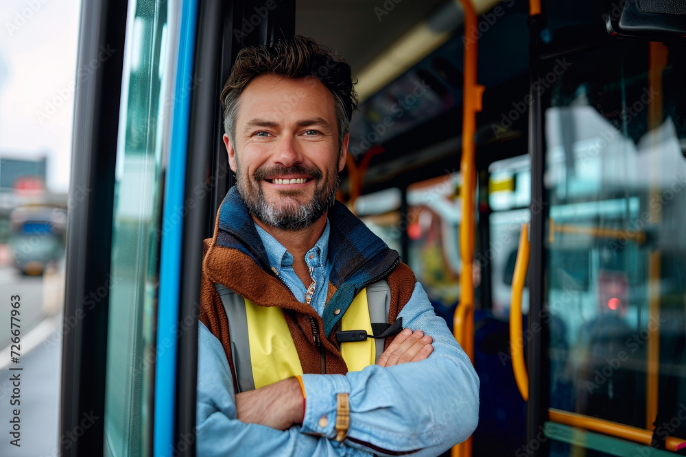 A contented man confidently poses for a photo on the bustling street, his warm smile shining through his rugged beard and stylish clothing as he stands in front of a passing bus A contented man confidently poses for a photo on the bustling street, his warm smile shining through his rugged beard and stylish clothing as he stands in front of a passing bus