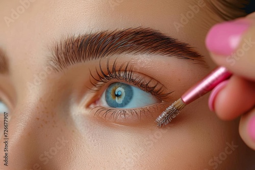 Delicate eyelash extensions and precise eye liner enhance the human face, while colorful eye shadow and defined eyebrows bring out the beauty of the iris in this intimate closeup of a person applying photo