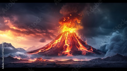 Volcanic eruption with the release of volcanic ash. Flowing lava from a active volcano. Nature disaster. Apocalypse background. Illustration for cover, card, postcard, interior design, decor or print.