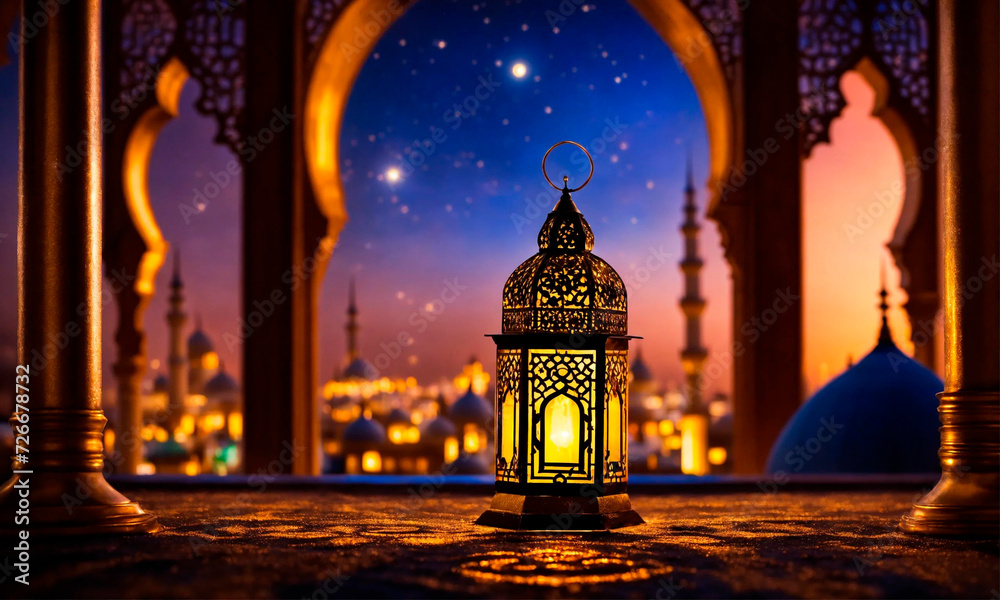 month of Ramadan and a beautiful lamp. Selective focus.