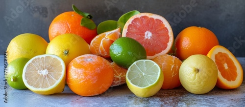 Image of a variety of citrus fruits including tangerines  lemons  limes  oranges  and grapefruits on a gray table surface.