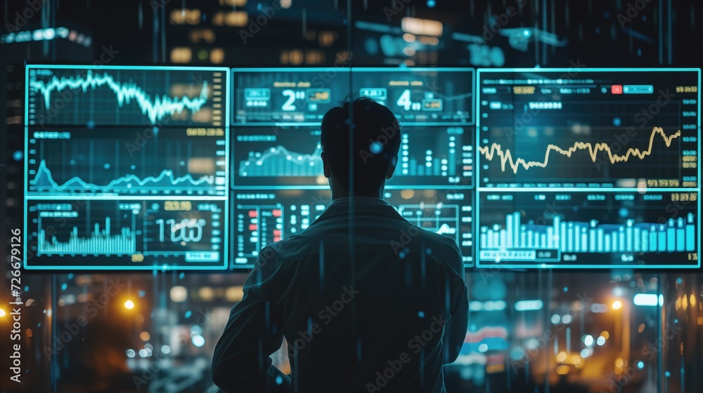Portfolio manager overseeing financial investment accounts, following stock market global exchange trends. surrounded by digital screens displaying statistics and graphs, generative ai Portfolio manager overseeing financial investment accounts, following stock market global exchange trends. surrounded by digital screens displaying statistics and graphs, generative ai
