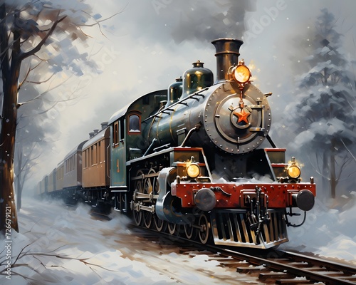 Vintage steam train in winter forest. Digital painting. 3D illustration.