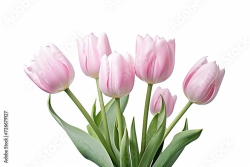 White background  five pink tulips. Generative AI