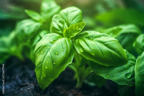 Fresh leaves of aromatic basil plant. Generative AI