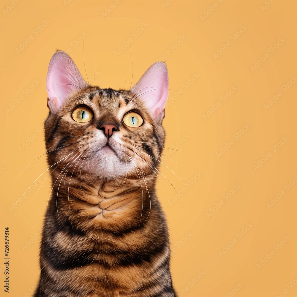 A curious domestic cat gazes up in wonder at the vibrant yellow wall, its sleek whiskers and distinctive tabby coat adding to the beauty of this feline marvel