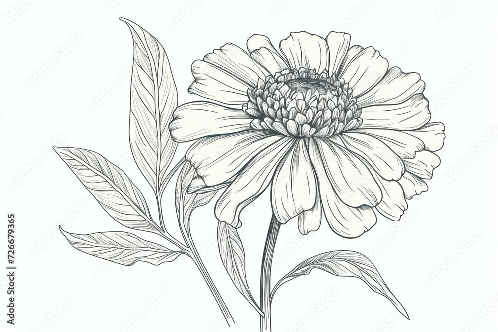 Lovely zinnia flower in coloring page style drawing. Simple linear art. Generative AI - obrazy, fototapety, plakaty 