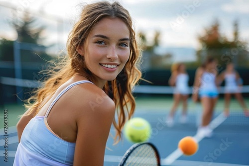 A confident tennis player exudes joy as she poses for the camera, dressed in athletic clothing and holding a racket while standing on an outdoor court with a tennis ball nearby © LifeMedia