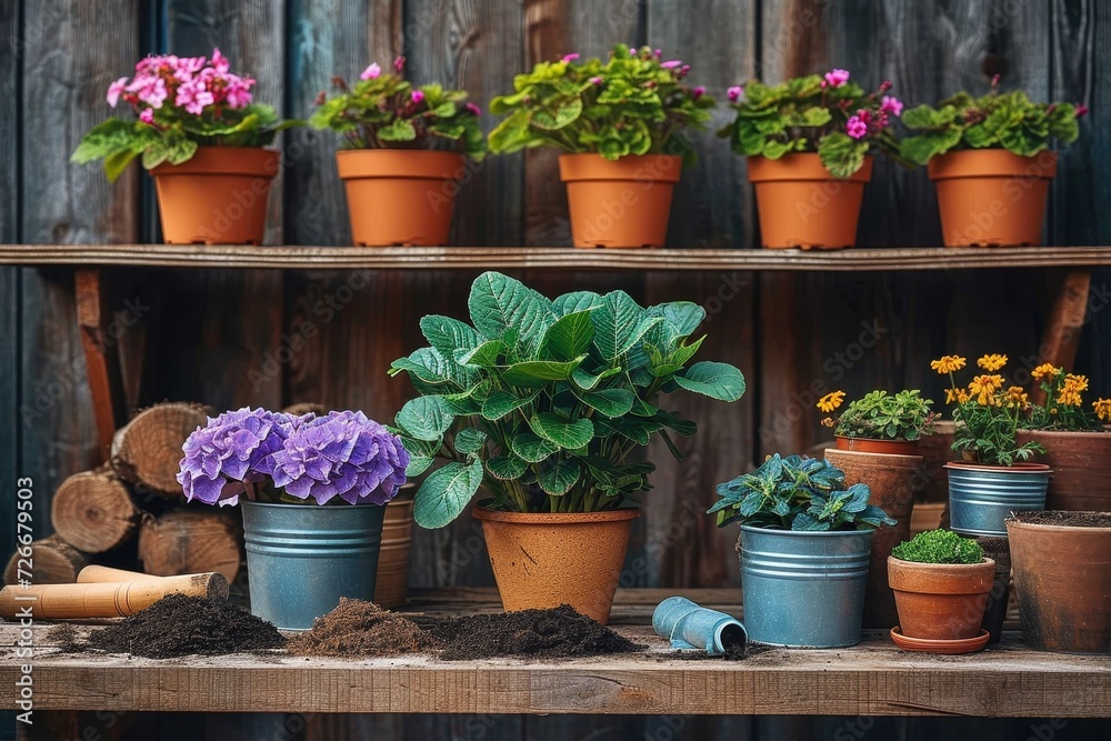 A colorful array of potted plants sit on a wooden shelf, bringing a touch of nature and beauty to the window of a building A colorful array of potted plants sit on a wooden shelf, bringing a touch of nature and beauty to the window of a building
