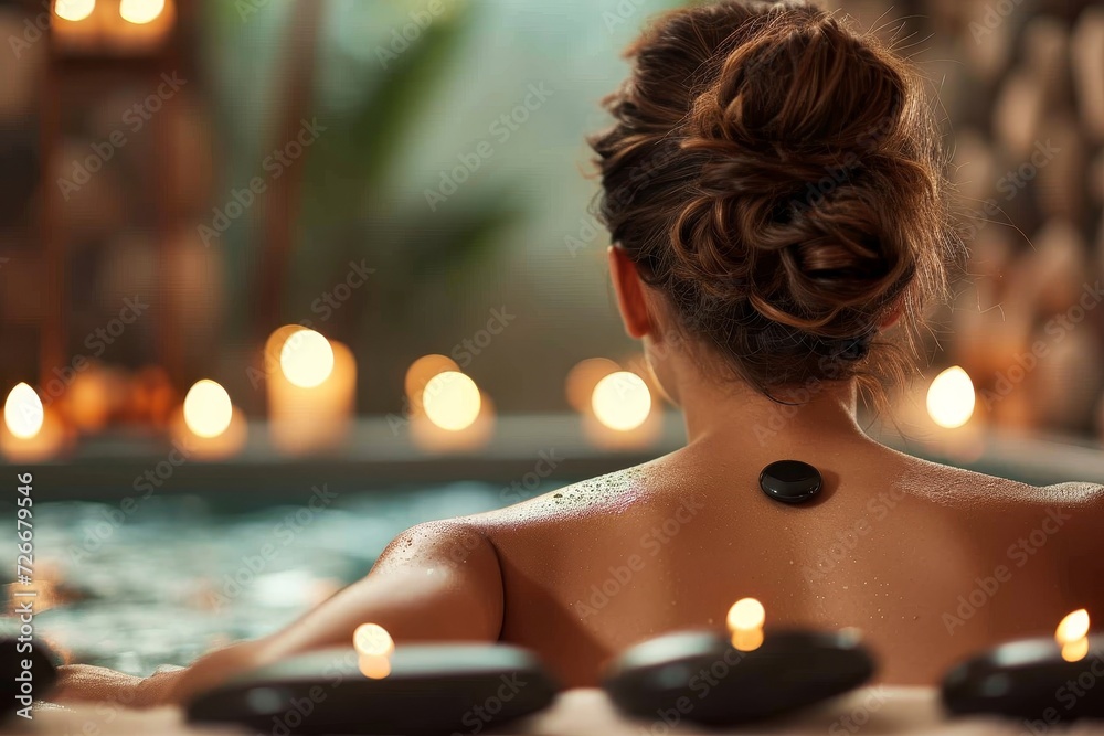 A serene woman indulges in a luxurious spa experience, surrounded by the warm glow of candles and the soothing weight of a hot stone on her back A serene woman indulges in a luxurious spa experience, surrounded by the warm glow of candles and the soothing weight of a hot stone on her back