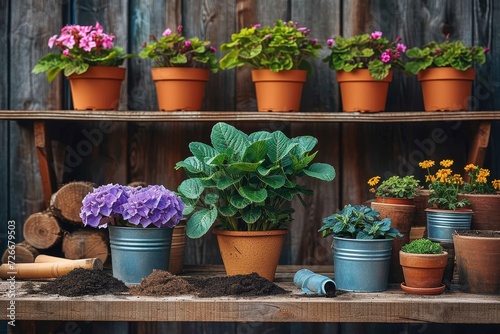 A colorful array of potted plants sit on a wooden shelf, bringing a touch of nature and beauty to the window of a building