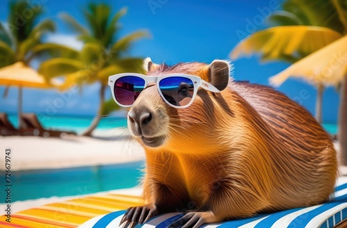 Capybara in sunglasses chill-out enjoying a vacation by the sandy beach at sunny day.Vacation, holiday and relax concept.