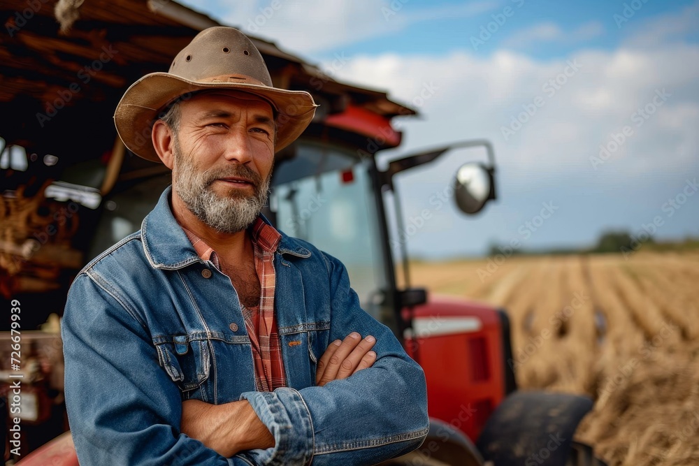 A rugged man in a sun-worn cowboy hat stands confidently against the backdrop of an endless sky, embodying the perfect balance of strength and style on the farm A rugged man in a sun-worn cowboy hat stands confidently against the backdrop of an endless sky, embodying the perfect balance of strength and style on the farm