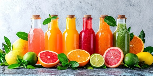 An array of vibrant citrus fruits and bottles of juice, bursting with natural goodness and the refreshing taste of oranges, lemons, limes, and grapefruits